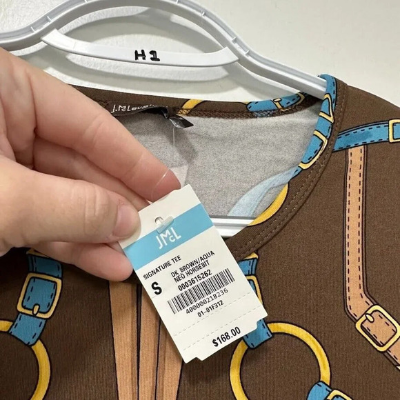 J Mclaughlin Womens Signature Shirt Small Brown Crew‎ Neck Stretch Chain NEW - Picture 4 of 7